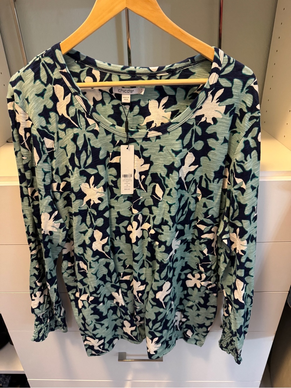Chico's Long-Sleeve Floral Print Top in Teal, Navy and White